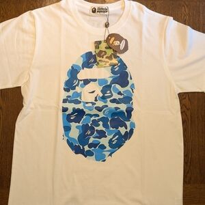 Bape White Tee with Blue Camo Ape Graphic